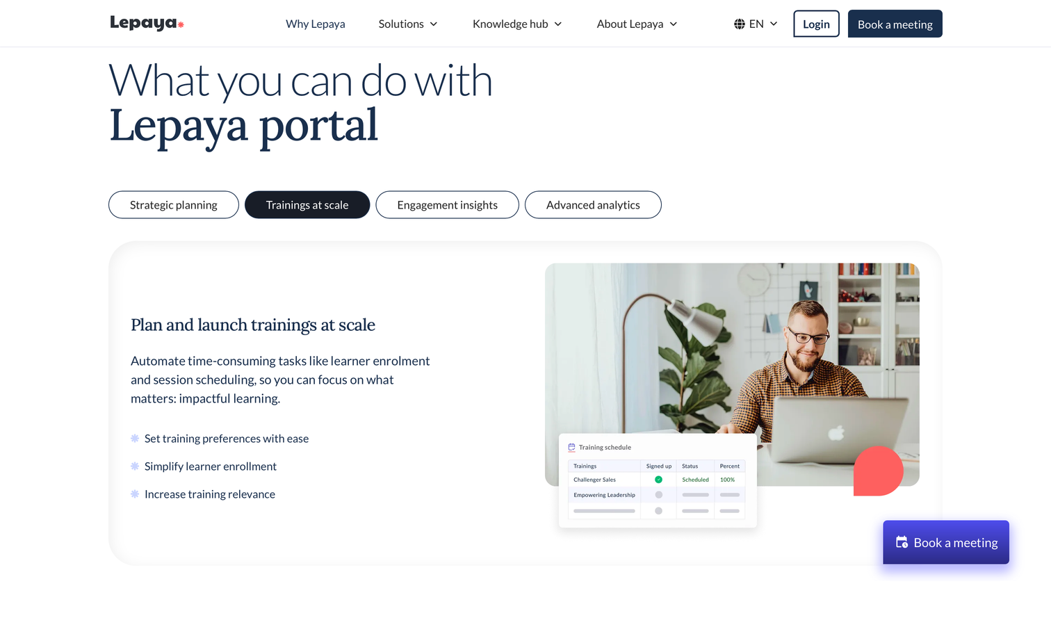 The Lepaya portal page, showing how clients plan and launch trainings at scale.