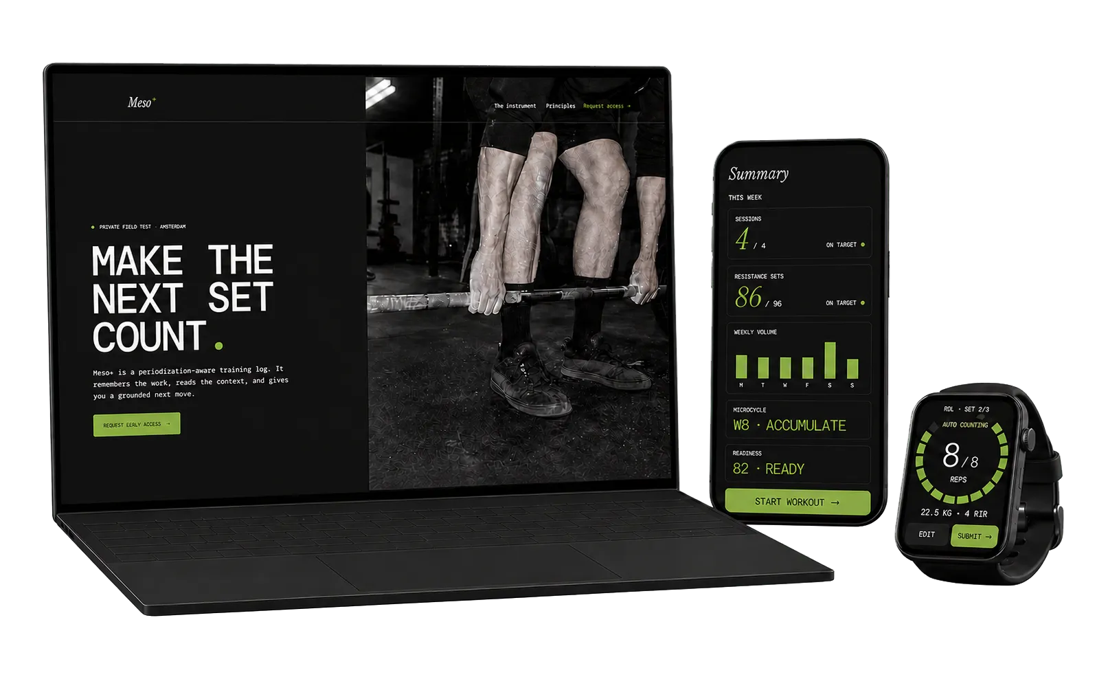 Meso+ across a laptop, phone, and smartwatch, showing the site, the weekly training summary, and automatic rep counting